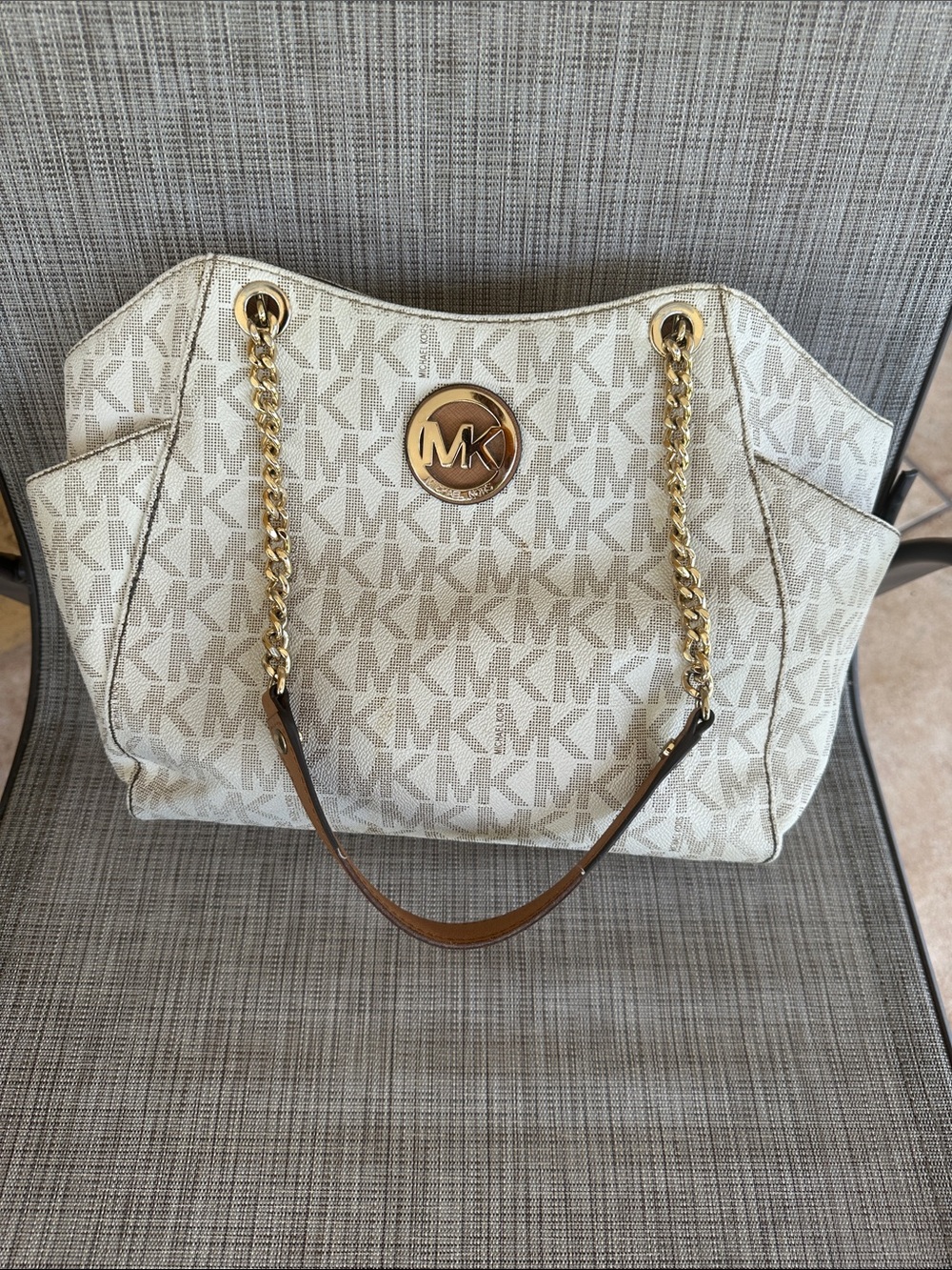 Michael Kors Cream Logo-Print Tote with Gold Chain Handles